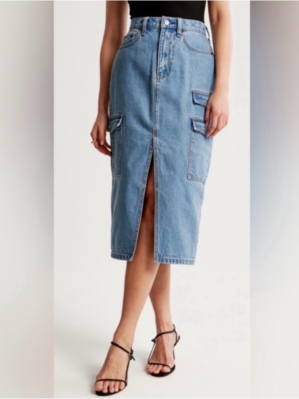 Abercrombie & Fitch High Rise Denim Cargo Midi Jean Skirt 26/2P Medium Marble